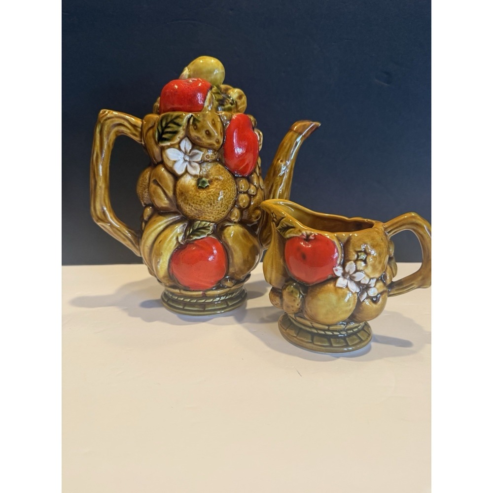 Vintage Ardco Japan Harvest Fruit Teapot & Creamer Set S-2036 Raised Fruit
